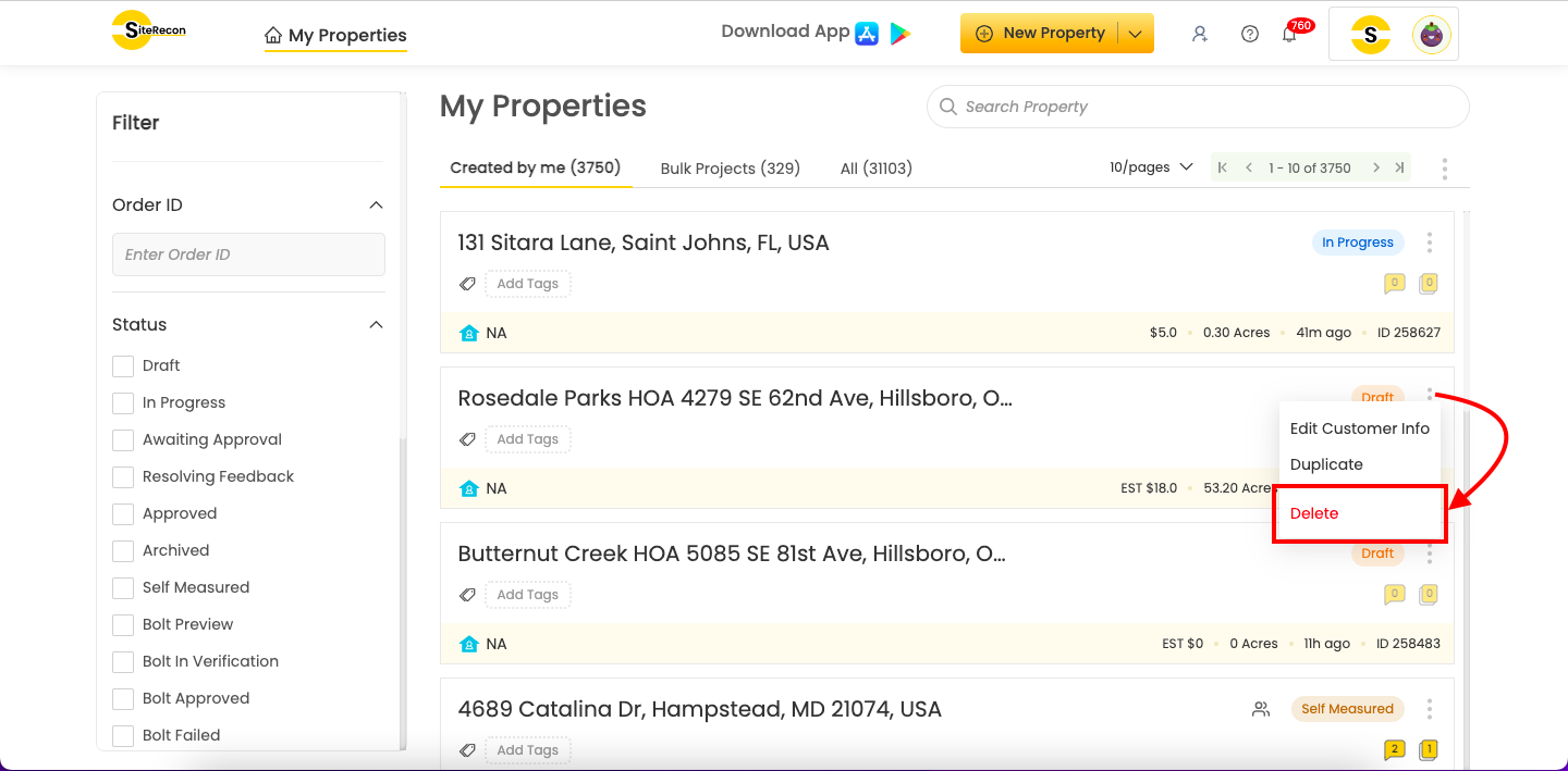 How To Delete A Draft Property SiteRecon Help Center
